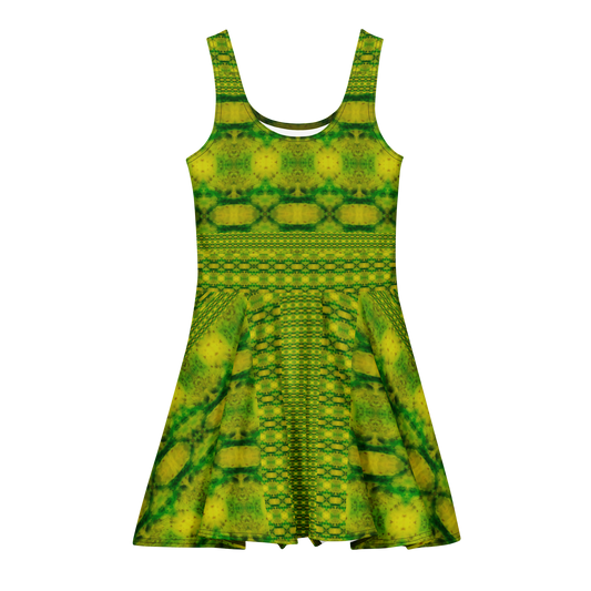 Purely Jade Light sleeveless Cotton Skater Dress with yellow-green jade-light print, front view with scoop neckline and flared skirt