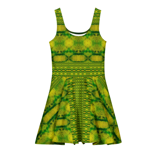 Purely Jade Light sleeveless Cotton Skater Dress with yellow-green jade-light print, front view with scoop neckline and flared skirt