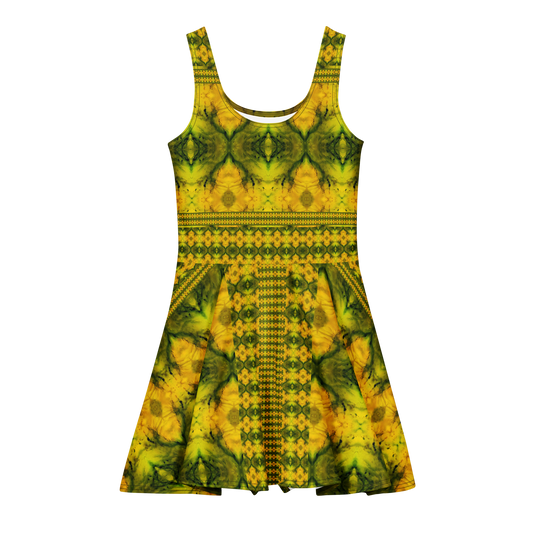 Purely Jade Light sleeveless Cotton Skater Dress with gold jade-light print with green accents, front view with scoop neckline and flared skirt