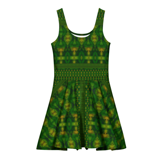 Purely Jade Light sleeveless Cotton Skater Dress with deep green jade-light print with gold highlights, front view with scoop neckline and flared skirt