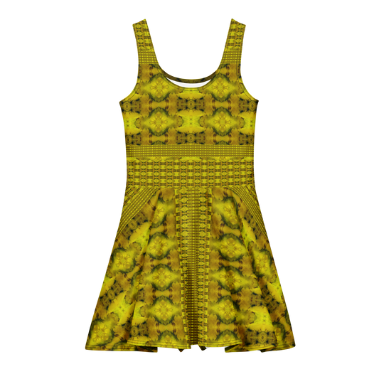 Purely Jade Light sleeveless Cotton Skater Dress with gold jade-light print with green shadows, front view with scoop neckline and flared skirt