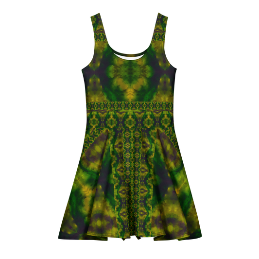Purely Jade Light sleeveless Cotton Skater Dress with deep green jade-light print with yellow-green and muted plum shadow, front view with scoop neckline and flared skirt