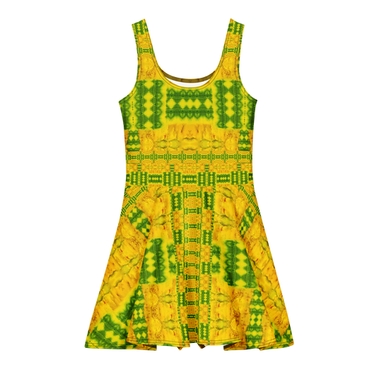 Purely Jade Light sleeveless Cotton Skater Dress with gold jade-light print with bright green accents, front view with scoop neckline and flared skirt
