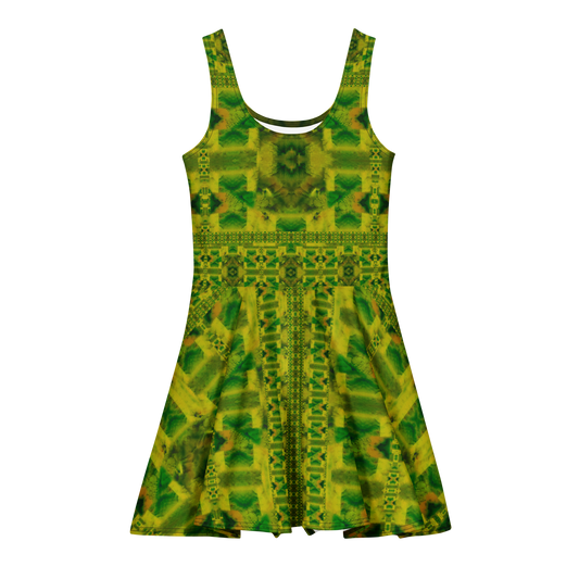 Purely Jade Light sleeveless Cotton Skater Dress with yellow-green and green jade-light print, front view with scoop neckline and flared skirt