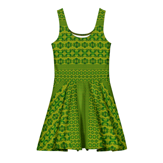 Purely Jade Light sleeveless Cotton Skater Dress with green-and-gold jade-light print, front view with scoop neckline and flared skirt