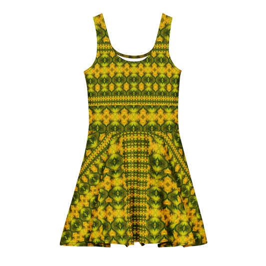 Purely Jade Light sleeveless Cotton Skater Dress with gold jade-light print with green mineral veining, front view with scoop neckline and flared skirt