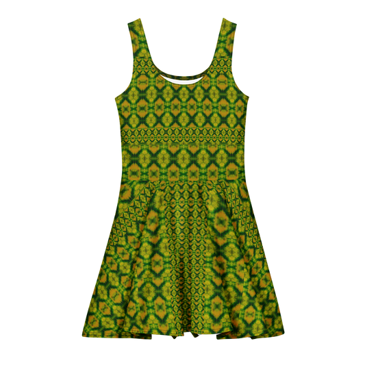 Purely Jade Light sleeveless Cotton Skater Dress with green-and-gold jade-light print, front view with scoop neckline and flared skirt
