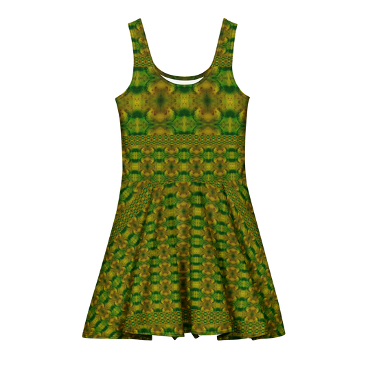 Purely Jade Light sleeveless Cotton Skater Dress with green-and-gold jade-light print, front view with scoop neckline and flared skirt