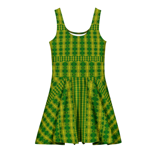 Purely Jade Light sleeveless Cotton Skater Dress with yellow-green and green jade-light print, front view with scoop neckline and flared skirt