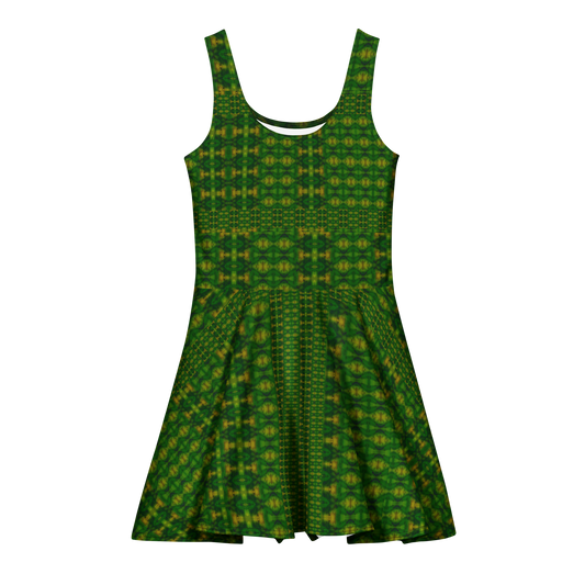 Purely Jade Light sleeveless Cotton Skater Dress with green-and-gold jade-light print, front view with scoop neckline and flared skirt