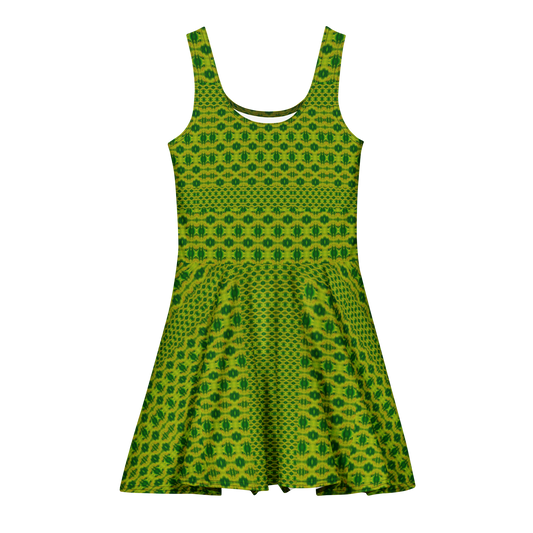 Purely Jade Light sleeveless Cotton Skater Dress with yellow-green jade-light print, front view with scoop neckline and flared skirt
