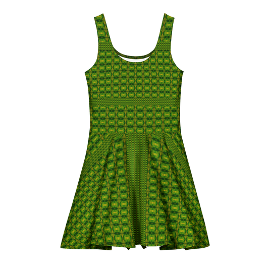 Purely Jade Light sleeveless Cotton Skater Dress with green-and-gold jade-light print, front view with scoop neckline and flared skirt