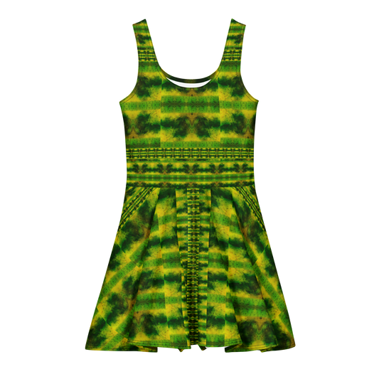 Purely Jade Light sleeveless Cotton Skater Dress with yellow-green and deep green jade-light print, front view with scoop neckline and flared skirt