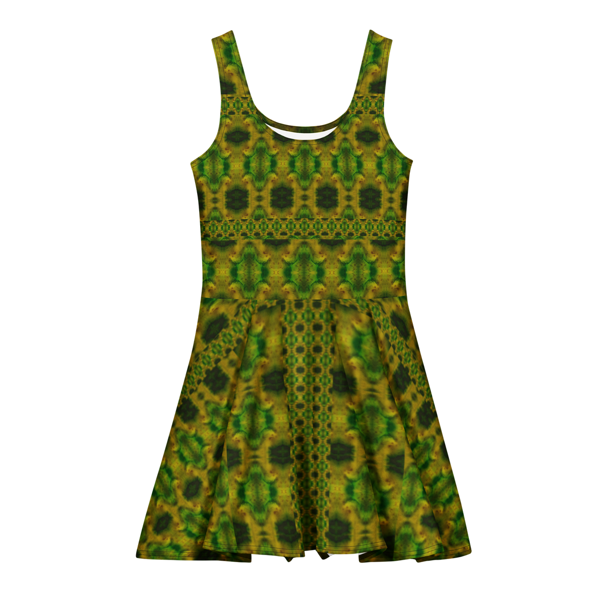 Purely Jade Light sleeveless Cotton Skater Dress with green-and-gold jade-light print with deep green accents, front view with scoop neckline and flared skirt