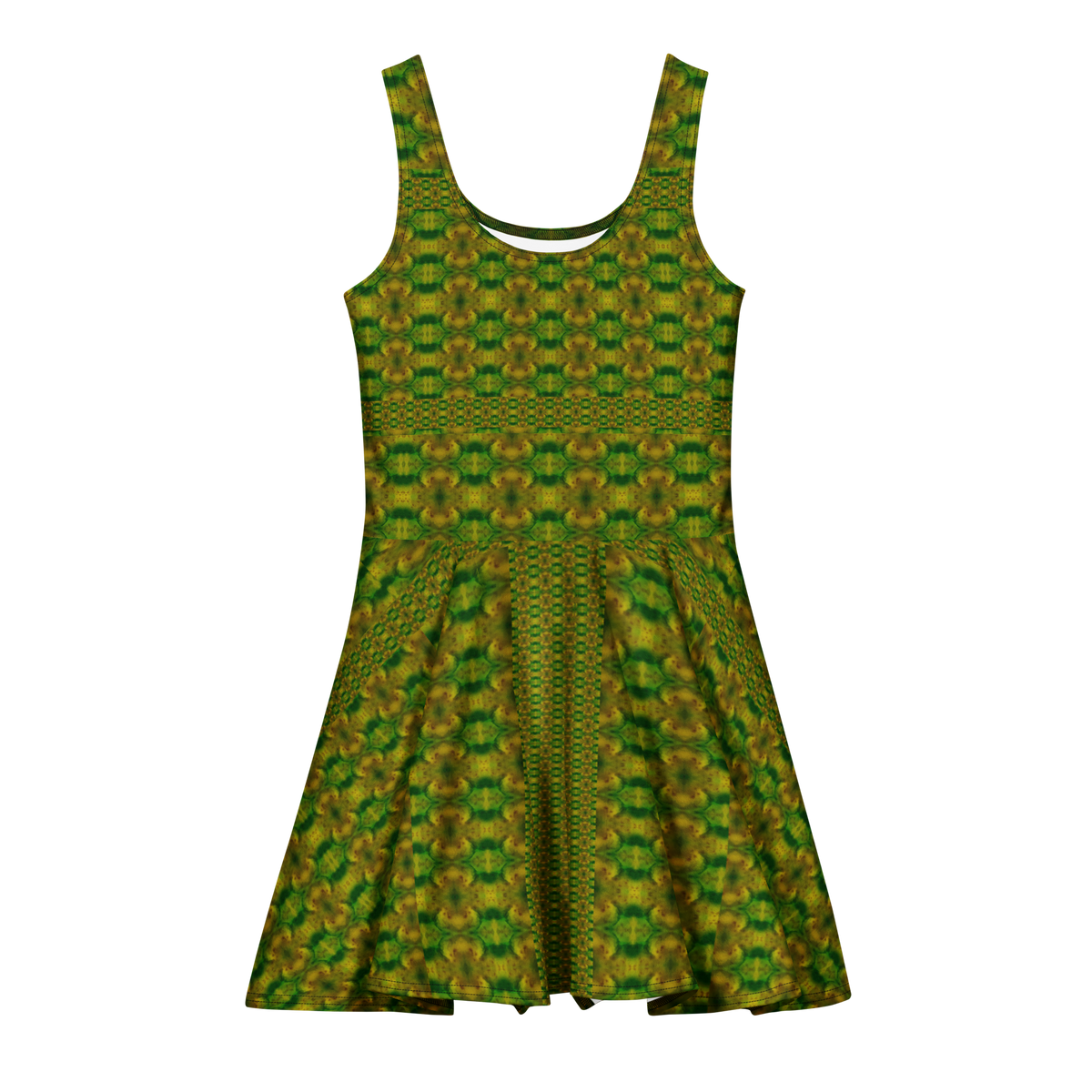 Purely Jade Light sleeveless Cotton Skater Dress with green-and-gold jade-light print, front view with scoop neckline and flared skirt