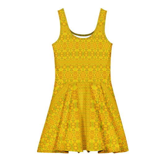 Purely Jade Light sleeveless Cotton Skater Dress with gold jade-light print, front view with scoop neckline and flared skirt