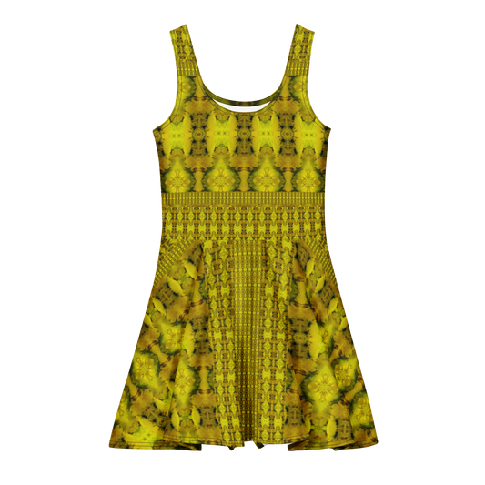 Purely Jade Light sleeveless Cotton Skater Dress with gold jade-light print, front view with scoop neckline and flared skirt