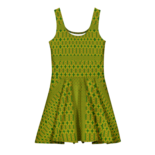 Purely Jade Light sleeveless Cotton Skater Dress with yellow-green jade-light print, front view with scoop neckline and flared skirt