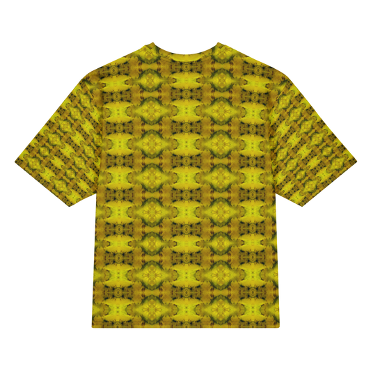 Back view of Purely Jade Light Cotton OverSized T-Shirt with yellow-gold jade medallion grid, green veining, and patterned sleeve panels by RJSTH.
