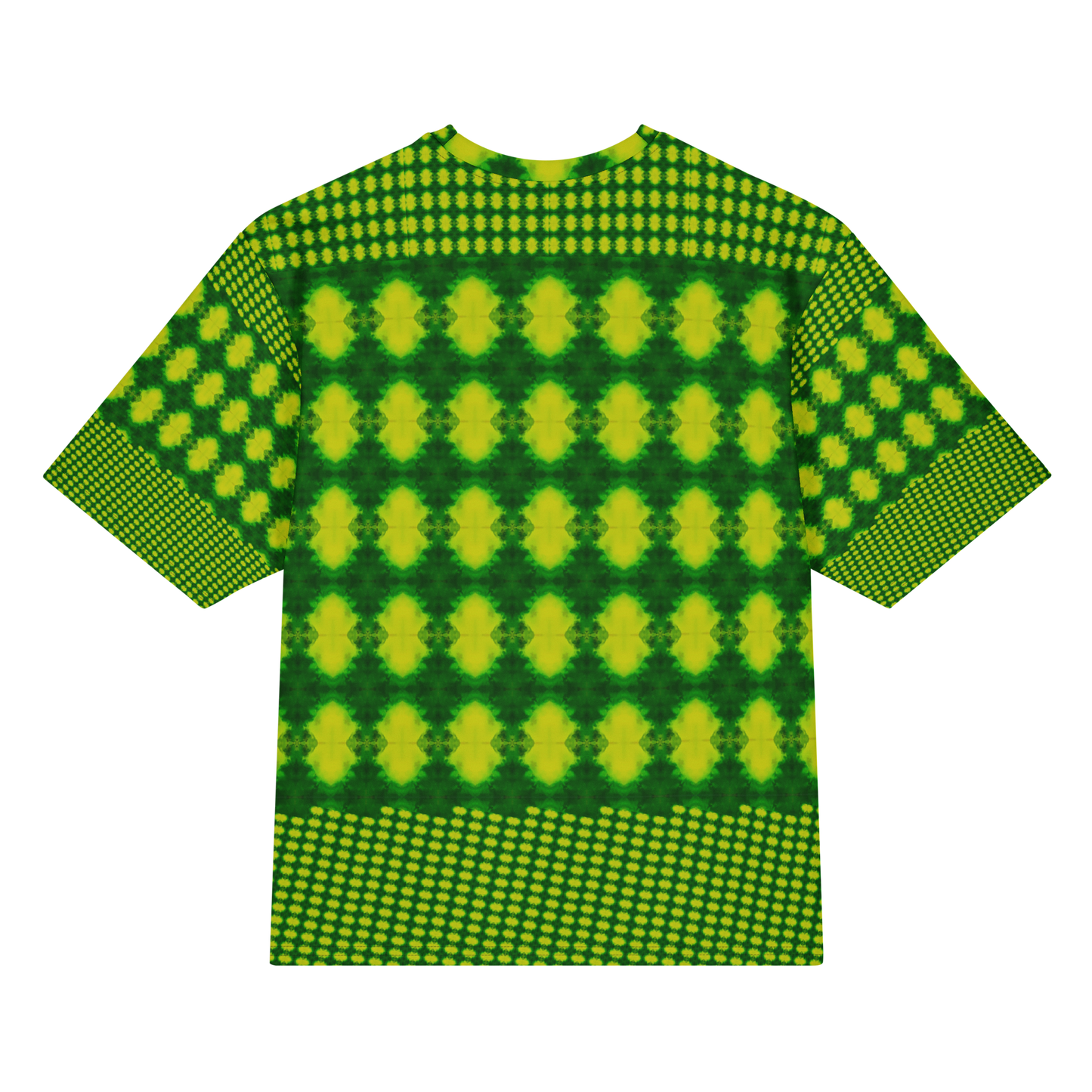 Back view of Purely Jade Light Cotton OverSized T-Shirt with bright green-and-yellow diamond rows, dotted lower band, and patterned sleeves by RJSTH.
