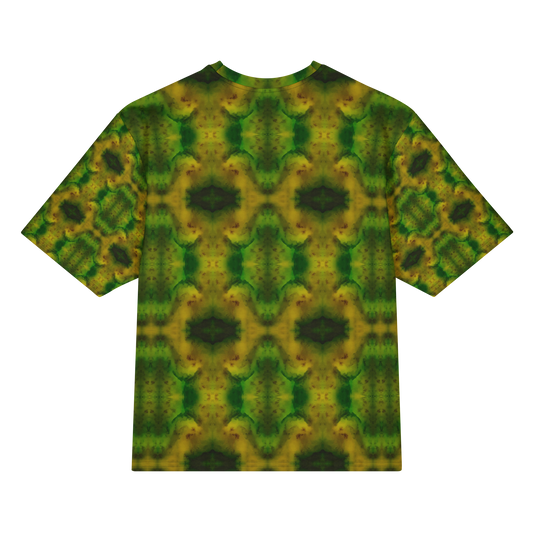 Back view of Purely Jade Light Cotton OverSized T-Shirt with green-gold jade chambers, dark-centered diamond medallions, and patterned sleeves by RJSTH.
