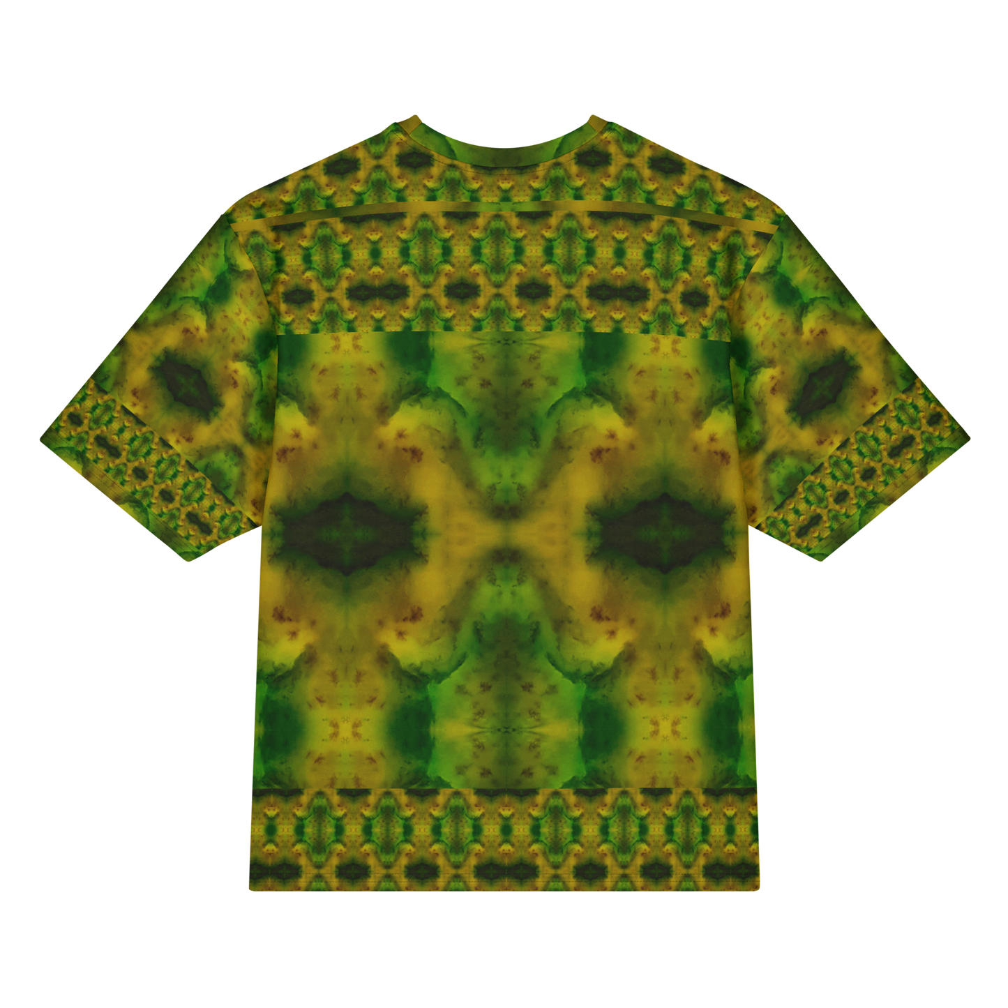 Back view of Purely Jade Light Cotton OverSized T-Shirt with green-gold jade chamber field, dark central shapes, and ornate upper and lower bands by RJSTH.