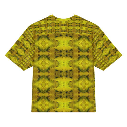 Back view of Purely Jade Light Cotton OverSized T-Shirt with yellow-gold jade print, large mirrored diamond medallions, and patterned sleeves by RJSTH.