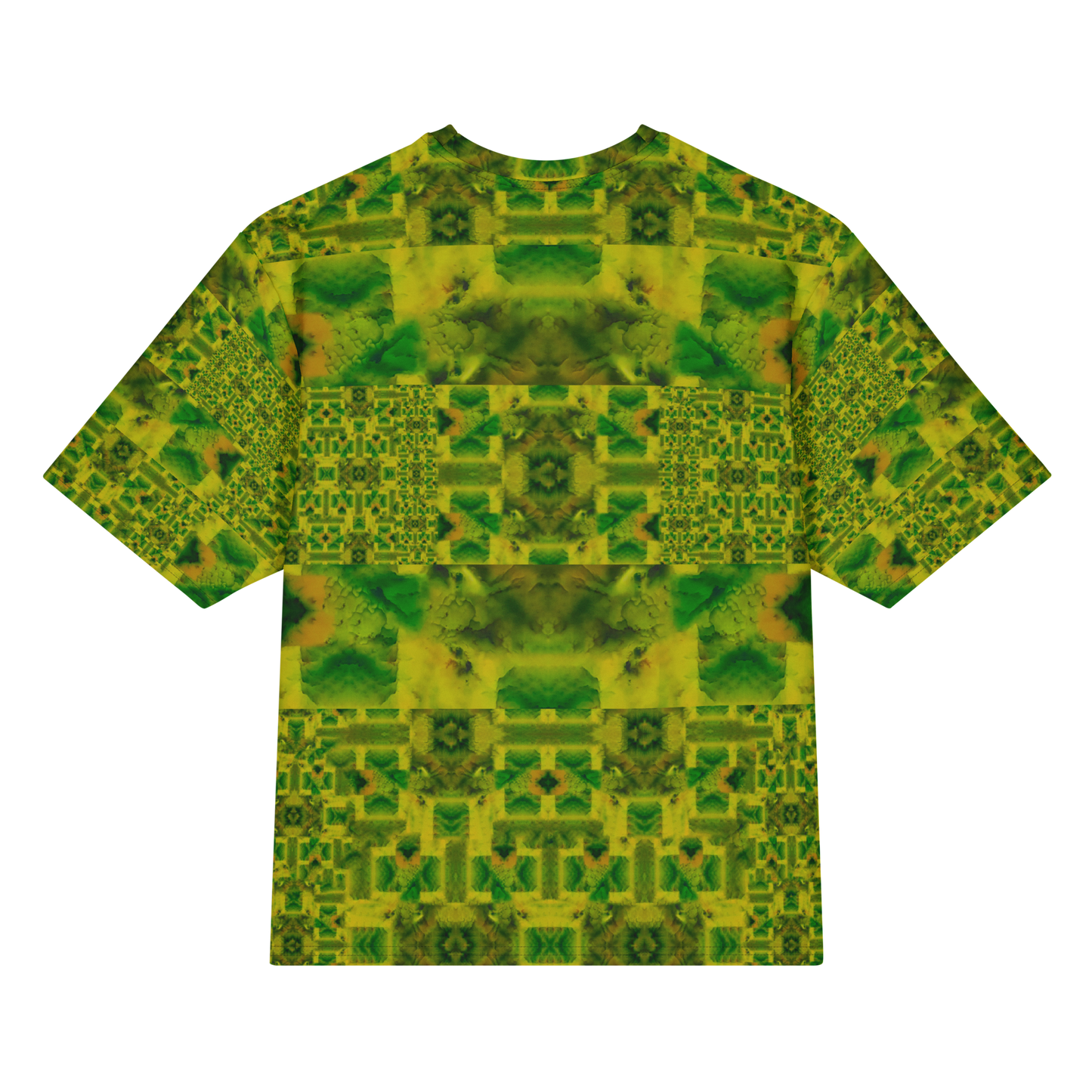Back view of Purely Jade Light Cotton OverSized T-Shirt with green-and-gold blocky jade panels, square lattice sleeves, and horizontal banding by RJSTH.