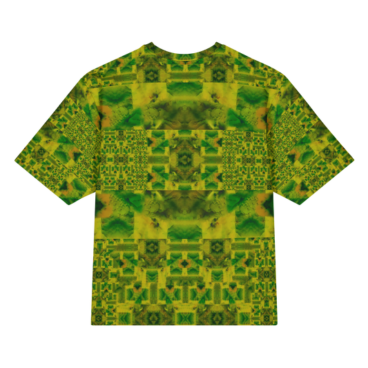 Back view of Purely Jade Light Cotton OverSized T-Shirt with green-and-gold blocky jade panels, square lattice sleeves, and horizontal banding by RJSTH.