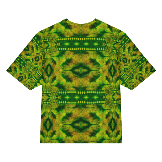 Back view of Purely Jade Light Cotton OverSized T-Shirt with green-yellow jade field, dark mirrored center panels, dotted horizontal bands, and patterned sleeves by RJSTH.