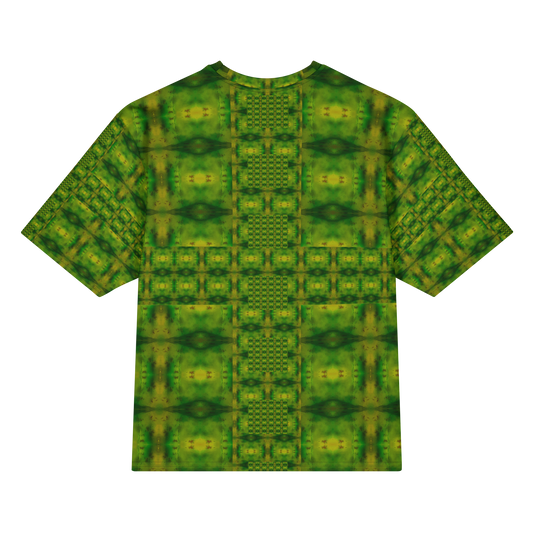 Back view of Purely Jade Light Cotton OverSized T-Shirt with green-dominant grid panels, central lattice column, and patterned sleeve panels by RJSTH.