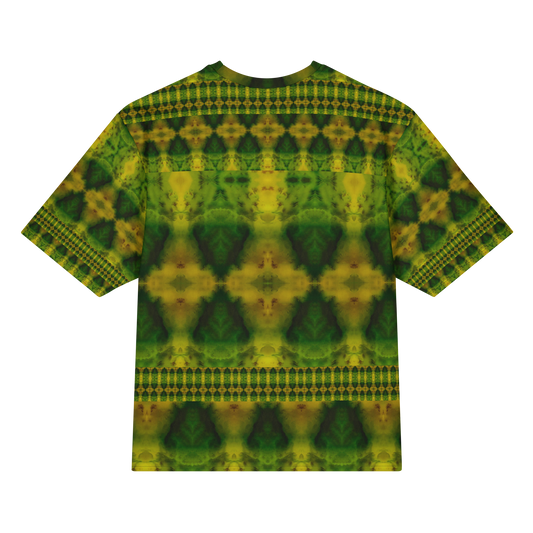 Back view of Purely Jade Light Cotton OverSized T-Shirt with green-yellow mirrored diamond fields, horizontal dotted bands, and patterned sleeve panels by RJSTH.