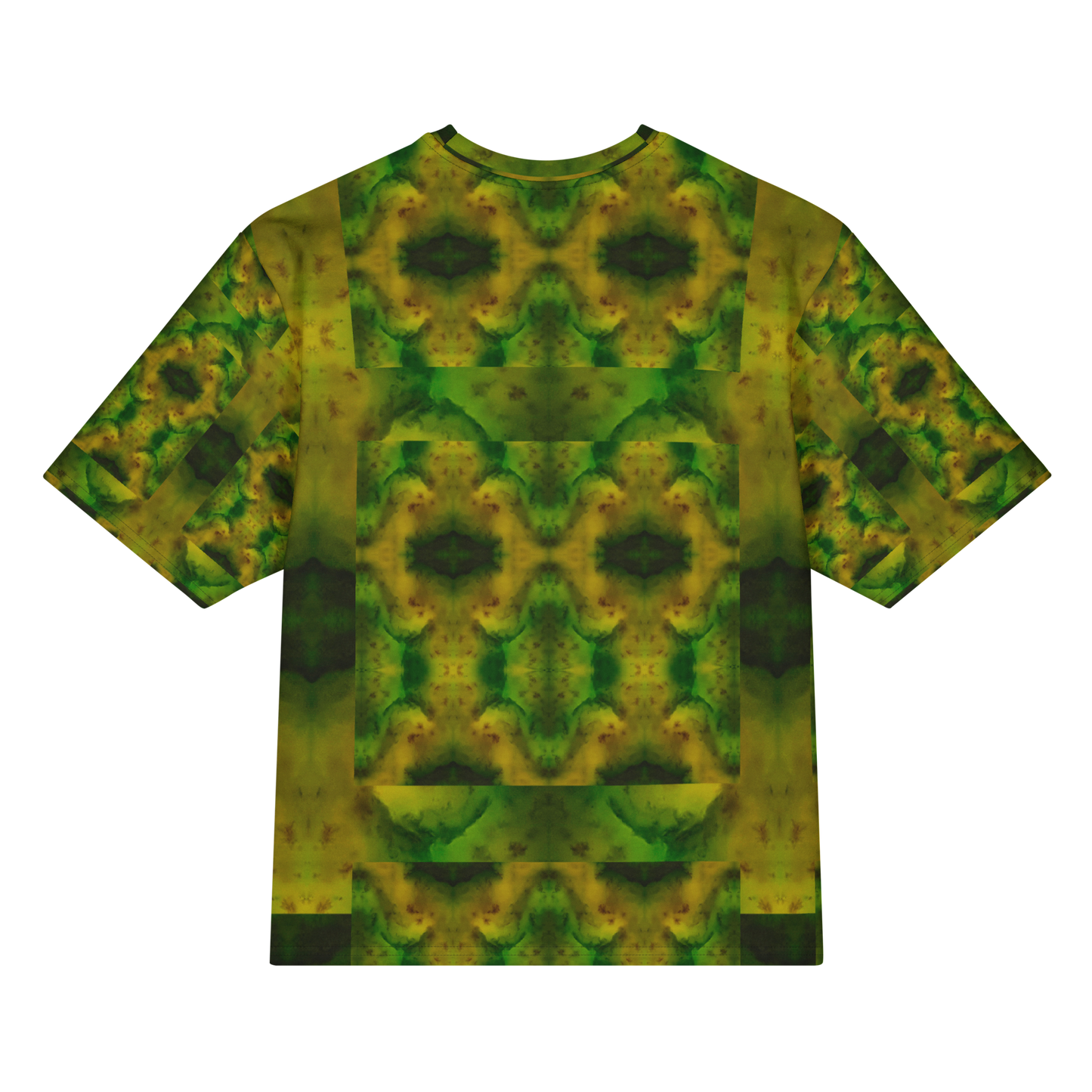 Back view of Purely Jade Light Cotton OverSized T-Shirt with green-gold chambered panel, darker centered jade forms, and patterned sleeve panels by RJSTH.