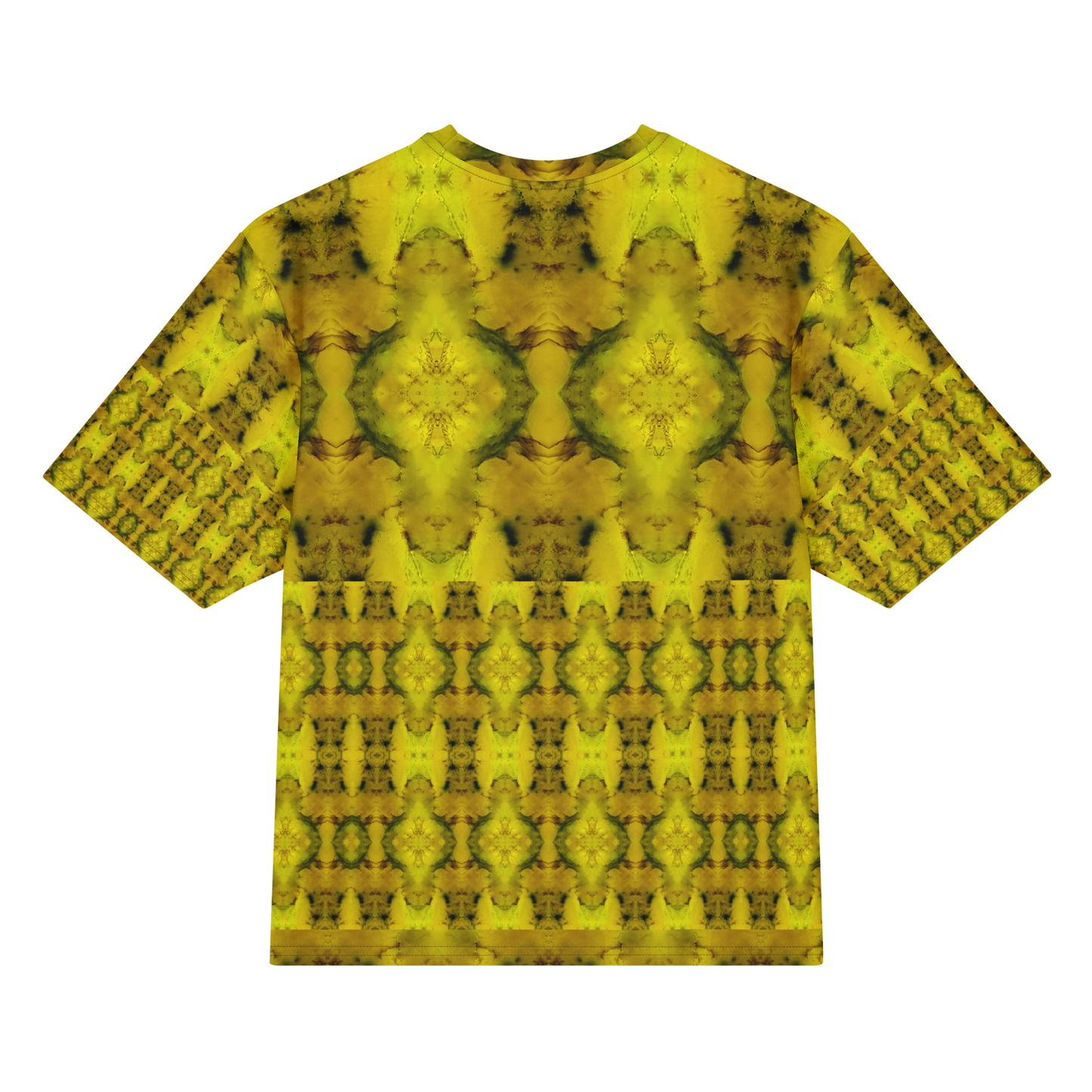 Back view of Purely Jade Light Cotton OverSized T-Shirt with yellow-gold jade medallion field, lower lattice band, and patterned sleeve panels by RJSTH.