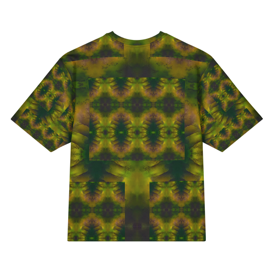 Back view of Purely Jade Light Cotton OverSized T-Shirt with darker green jade field, gold-purple mineral blooms, and patterned sleeve panels by RJSTH.
