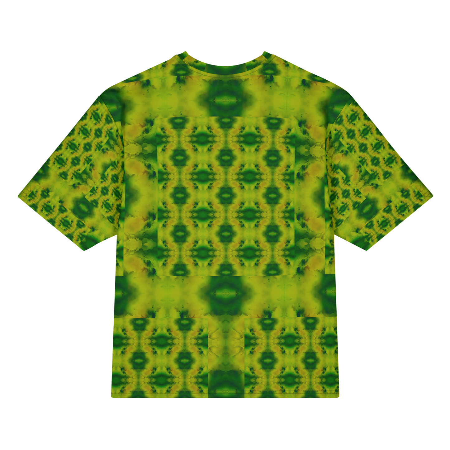 Back view of Purely Jade Light Cotton OverSized T-Shirt with yellow-green medallion grid, darker green center accents, and patterned sleeve panels by RJSTH.