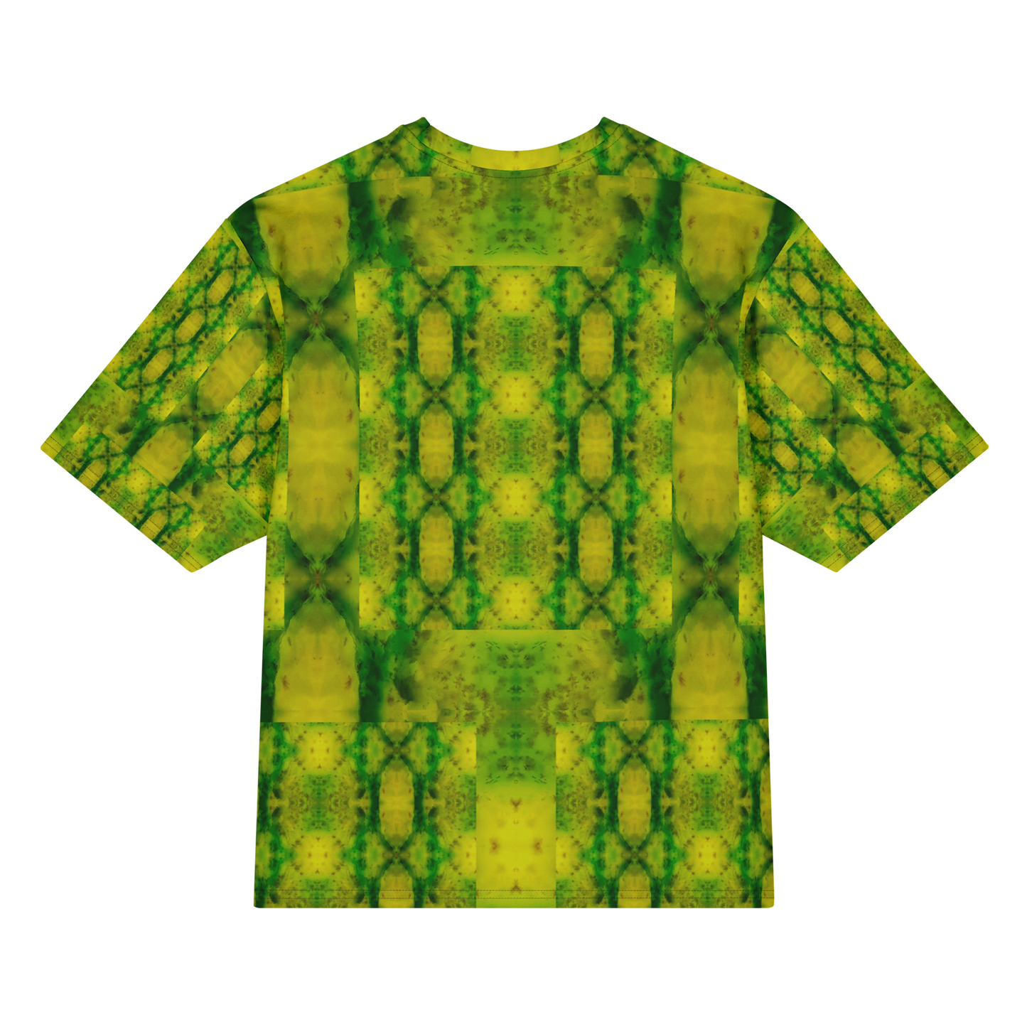 Back view of Purely Jade Light Cotton OverSized T-Shirt with yellow-green vertical lattice panels, soft jade veining, and patterned sleeve panels by RJSTH.