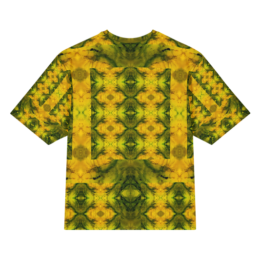 Back view of Purely Jade Light Cotton OverSized T-Shirt with yellow-gold mirrored jade panels, green medallion columns, and patterned sleeve panels by RJSTH.