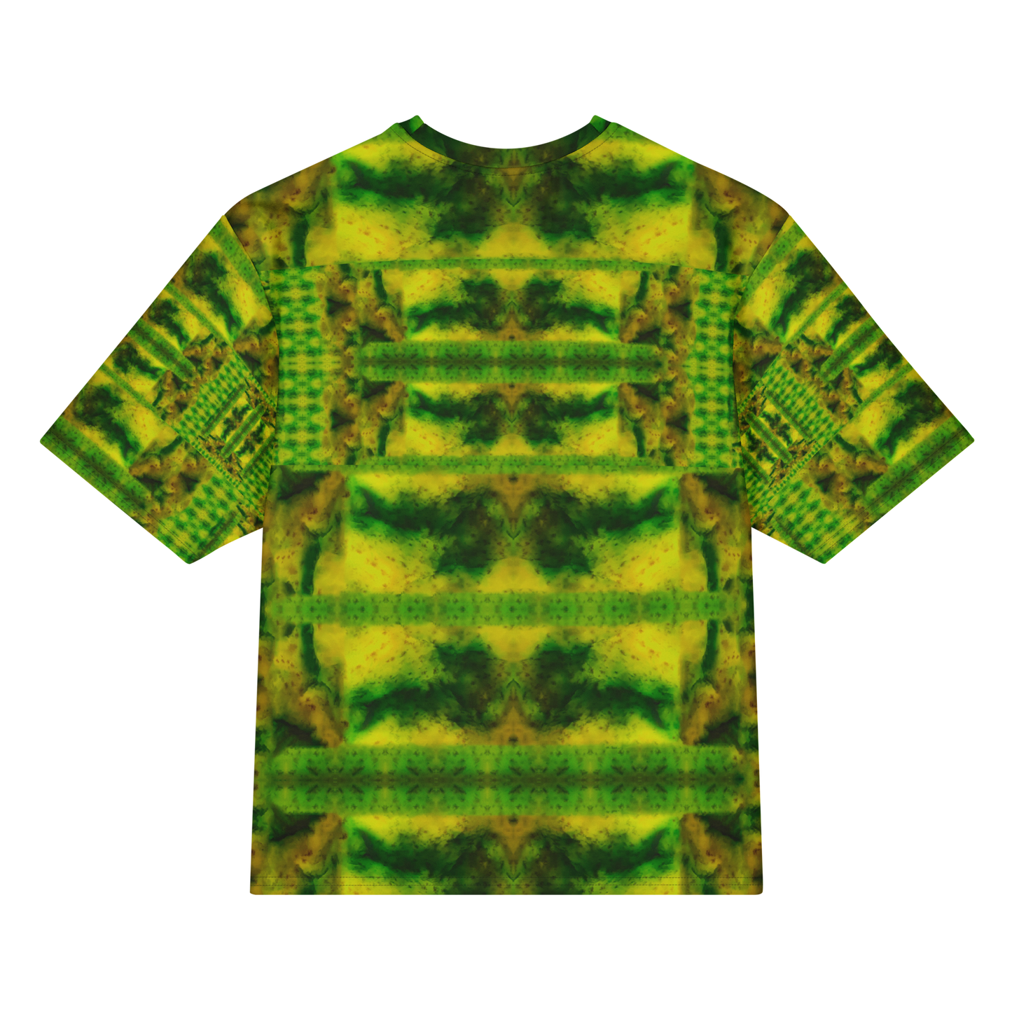 Back view of Purely Jade Light Cotton OverSized T-Shirt with green-yellow horizontal chamber bands, moss veining, and patterned sleeve panels by RJSTH.