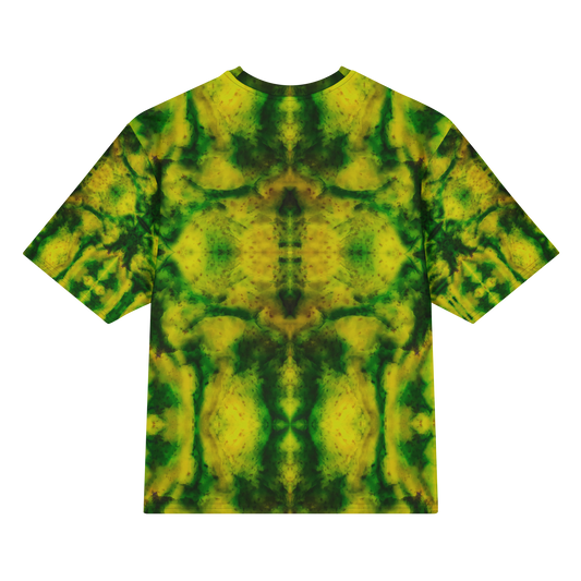 Back view of Purely Jade Light Cotton OverSized T-Shirt with green-yellow mirrored mineral field, dark central jade chamber, and mottled sleeve panels by RJSTH.