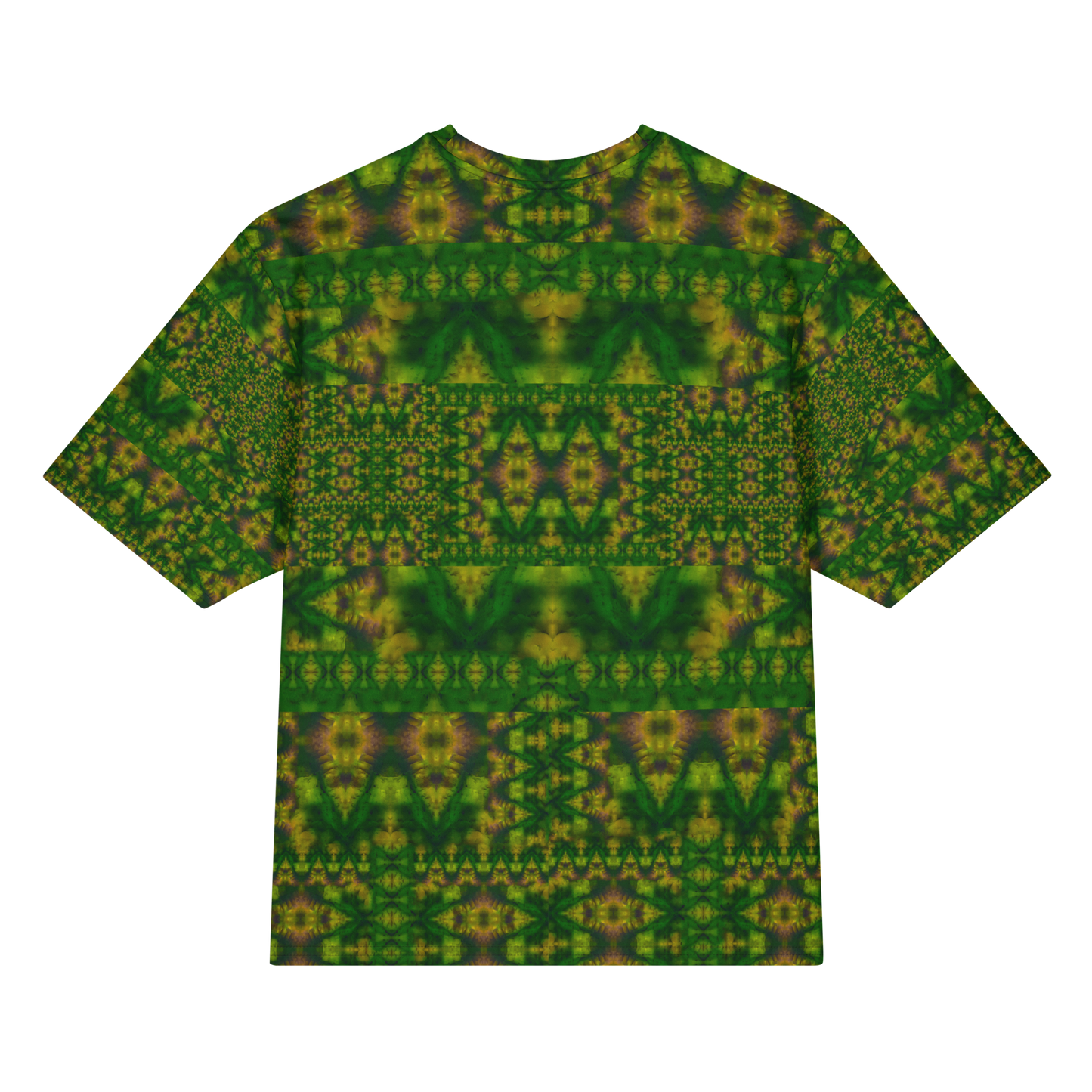 Back view of Purely Jade Light Cotton OverSized T-Shirt with dark green-and-gold mirrored lattice, horizontal chamber bands, and patterned sleeve panels by RJSTH.