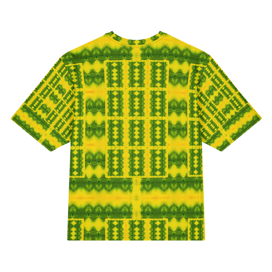 Back view of Purely Jade Light Cotton OverSized T-Shirt with bright yellow-green lattice grid, vertical column structure, and patterned sleeve panels by RJSTH.