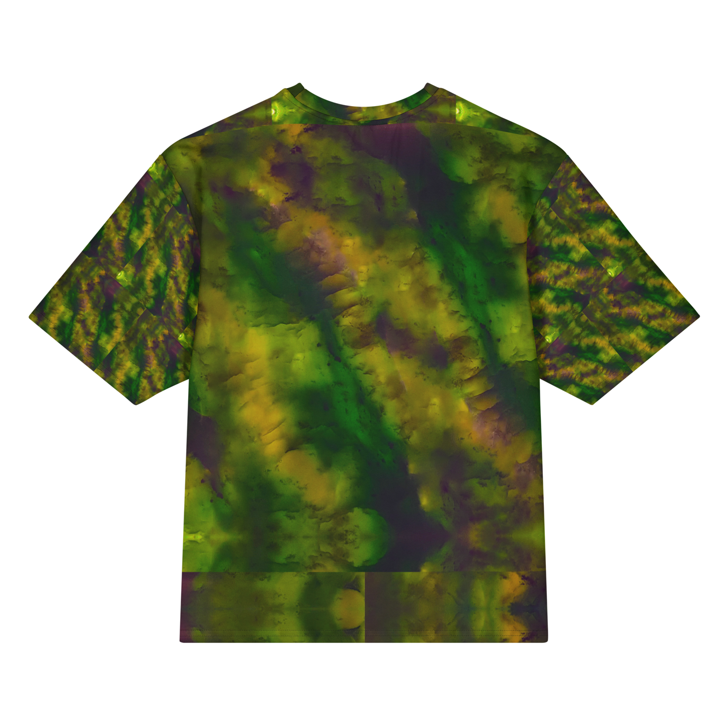 Back view of Purely Jade Light Cotton OverSized T-Shirt with dark green clouded jade field, gold-purple mineral shadows, and patterned sleeve panels by RJSTH.