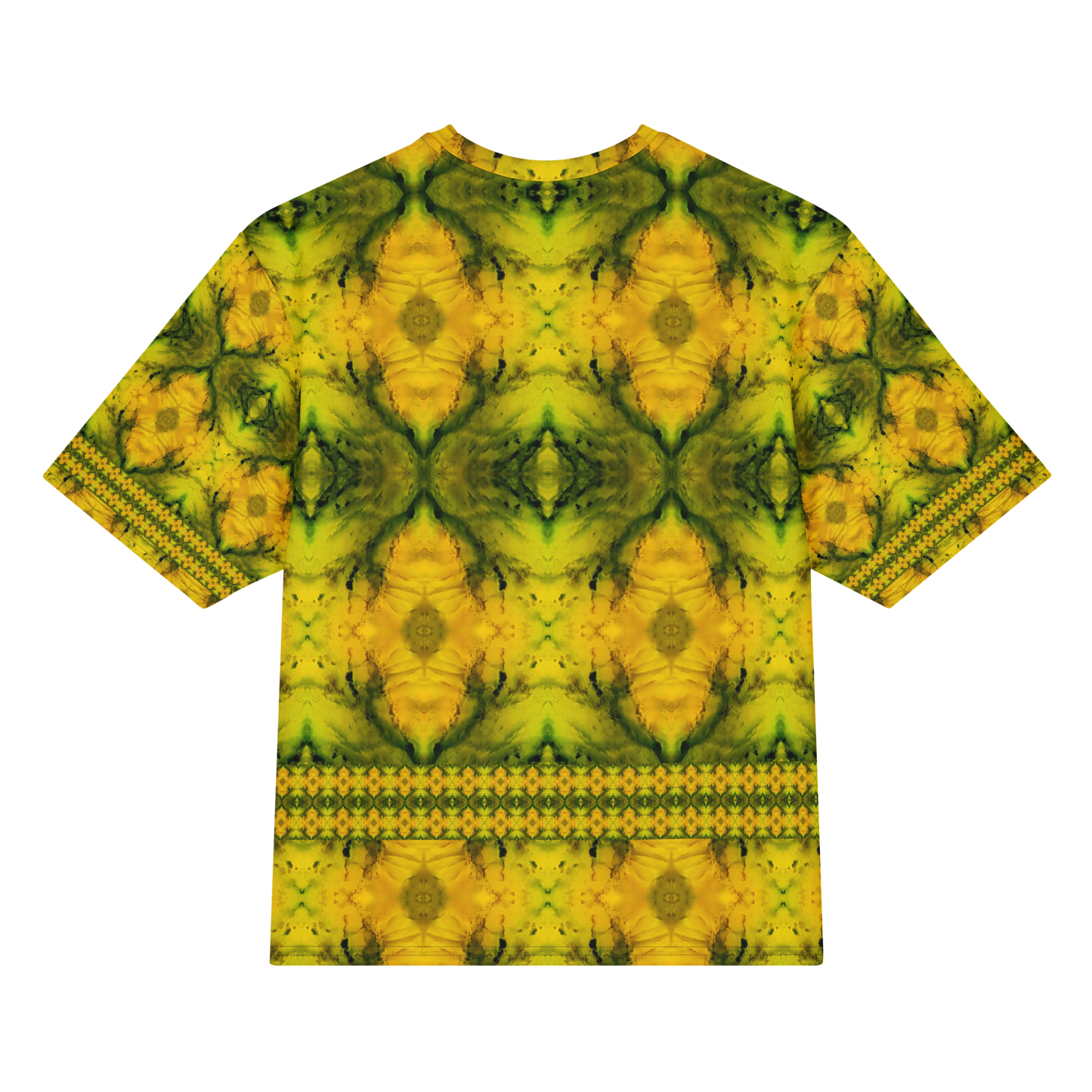 Back view of Purely Jade Light Cotton OverSized T-Shirt with yellow-gold mirrored jade blooms, horizontal lower lattice band, and patterned sleeve panels by RJSTH.