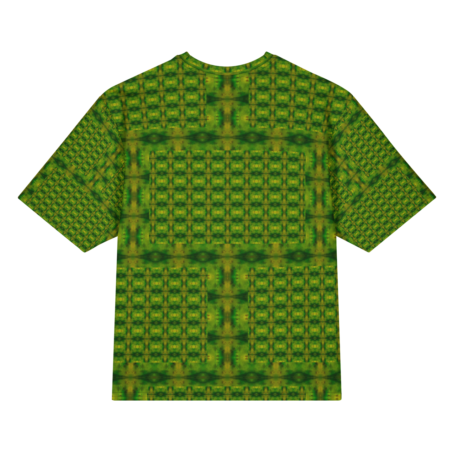 Back view of Purely Jade Light Cotton OverSized T-Shirt with green lattice grid, small yellow medallions, and darker horizontal chamber bands by RJSTH.