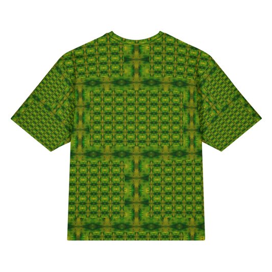 Back view of Purely Jade Light Cotton OverSized T-Shirt with green lattice grid, small yellow medallions, and darker horizontal chamber bands by RJSTH.