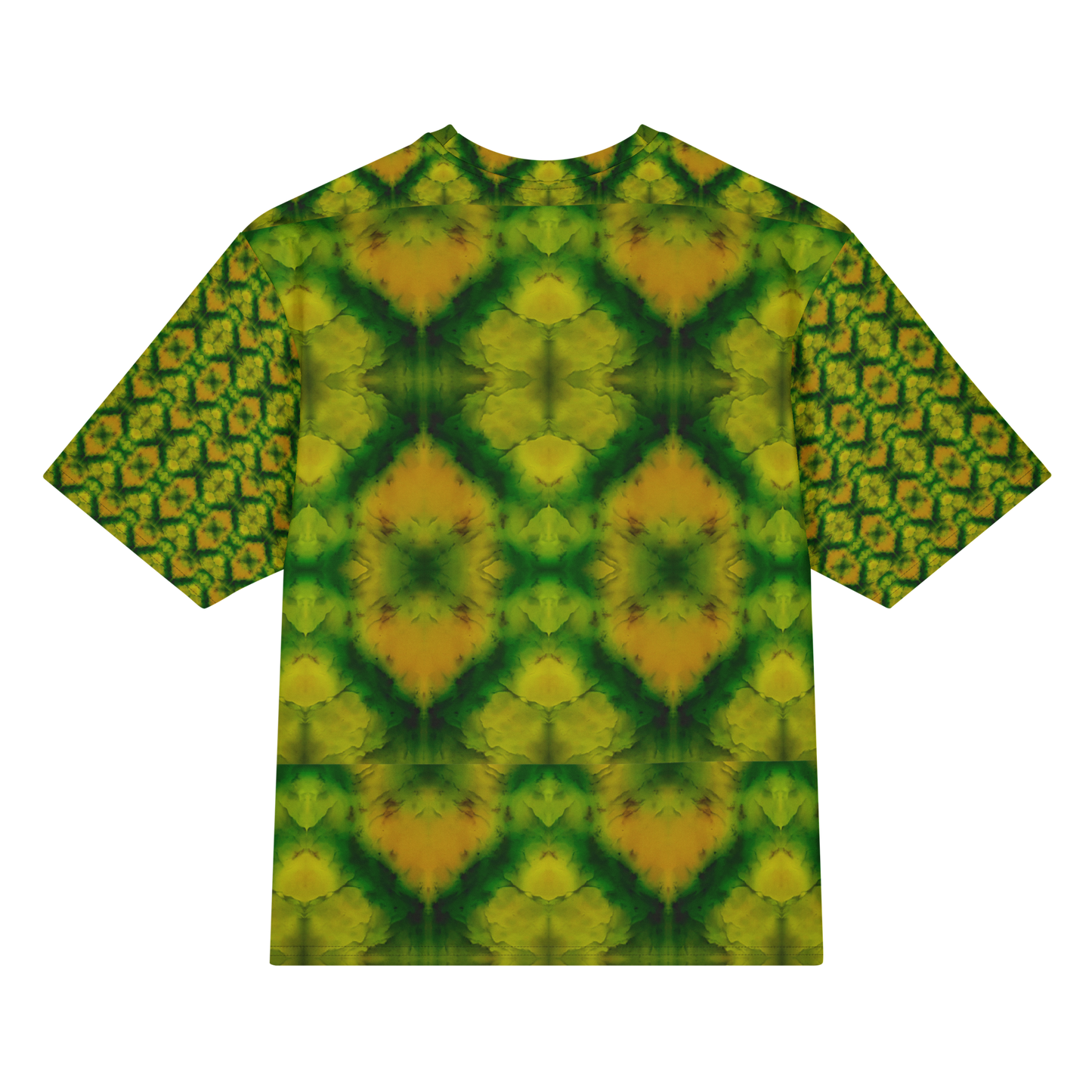 Back view of Purely Jade Light Cotton OverSized T-Shirt with large yellow-green mirrored diamond blooms, green veining, and patterned sleeve panels by RJSTH.