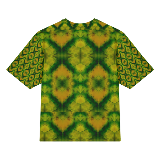 Back view of Purely Jade Light Cotton OverSized T-Shirt with large yellow-green mirrored diamond blooms, green veining, and patterned sleeve panels by RJSTH.