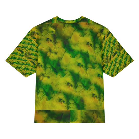 Back view of Purely Jade Light Cotton OverSized T-Shirt with soft green-yellow clouded jade field, diagonal sleeve lattice, and lower panel variation by RJSTH.