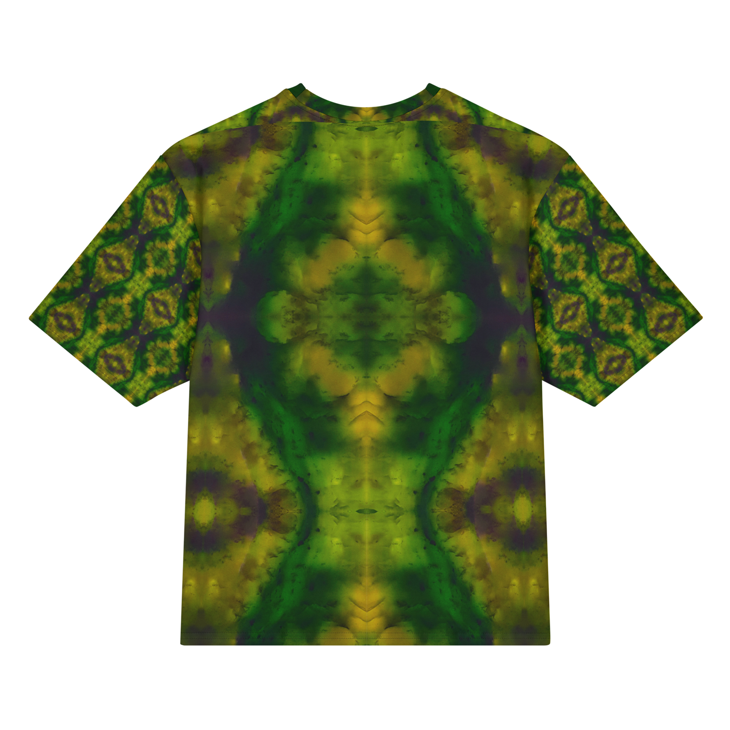 Back view of Purely Jade Light Cotton OverSized T-Shirt with deep green central jade plume, gold clouded edges, and patterned sleeve panels by RJSTH.